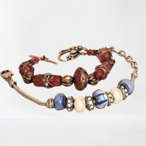 Two 7" Beaded Bracelets - Blue/White/Silver and Burgundy/Gold